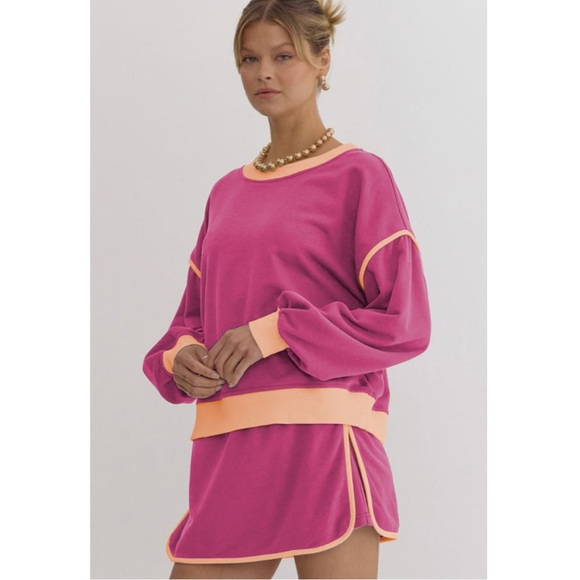 Rose Color Contrast Loose Pullover and Skort Set - Picture 2 of 5